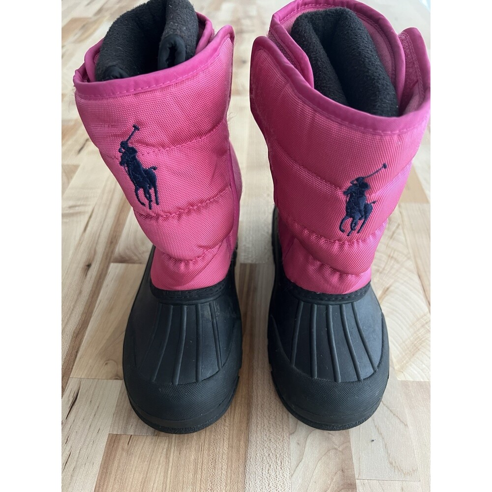 Polo Ralph Lauren Girl's Snow Boots Rubber Fleece Lined Crest Logo Pink Size 1 - Picture 1 of 8